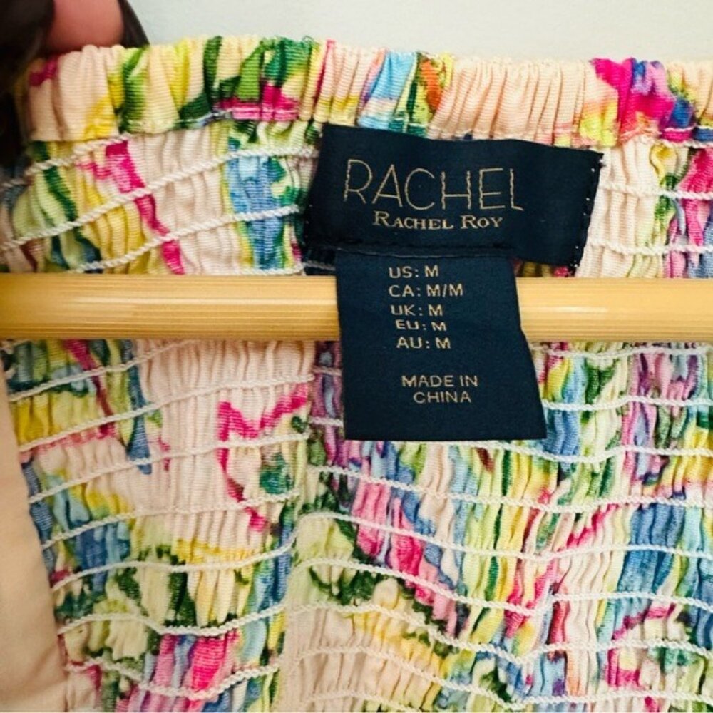 Rachel Roy Tropical Puff Sleeve Smocked Crop Top Medium Coastal Prep Y2K - Picture 6 of 8